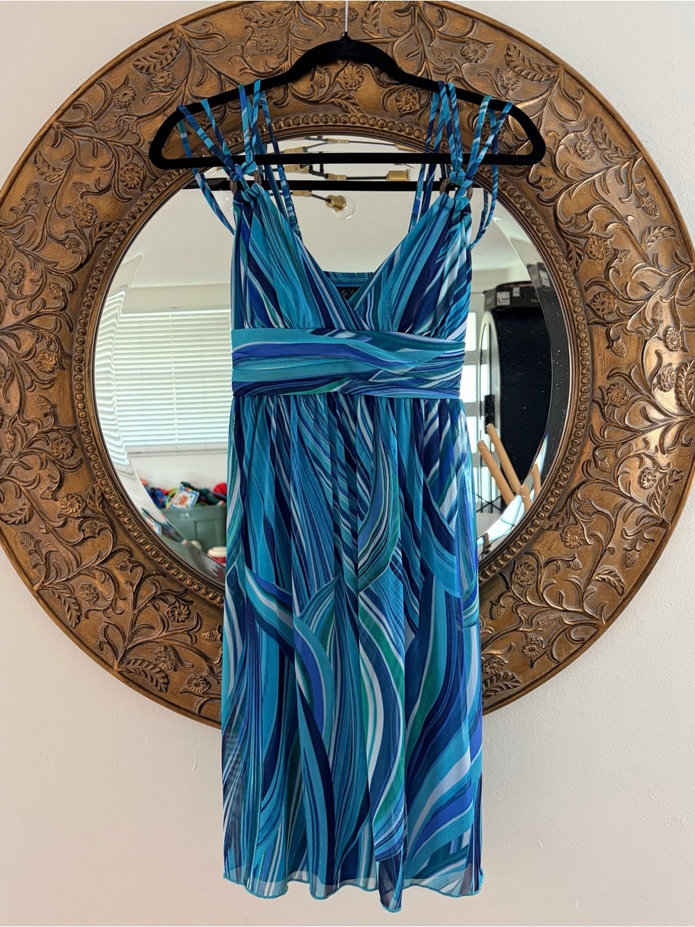 Y2K Vintage City Triangles strappy Blue & Teal abstract Midi Dress